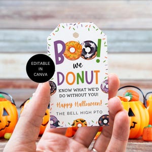 Etichetta regalo modificabile per ciambelle di Halloween, etichetta stampabile di ringraziamento per donut know what, etichetta di ringraziamento per insegnanti, personale e colleghi, download digitale