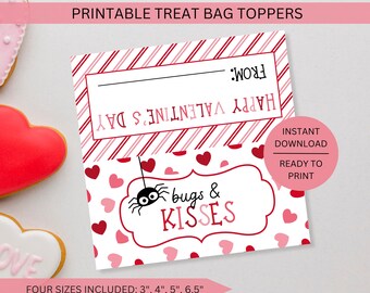 Bugs and Kisses Valentine Bag Topper Printable, Valentine's Day Bugs & Kisses Kids Candy Chocolate Class Gift Label Tag, Instant Download