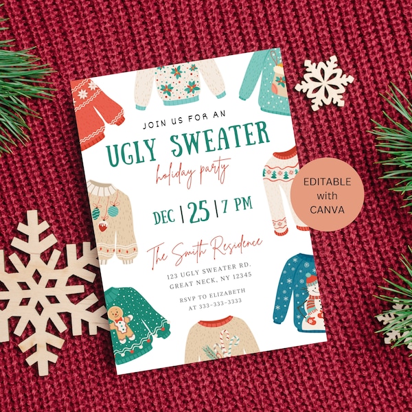 Ugly Sweater Party Invitation Editable, Holiday Printable Christmas Invite Template, Instant Digital Download