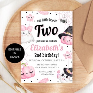 Little Boo Girl Halloween Second Birthday Invitation: Pink 2nd Bday Party Invite (5x7&quot; Printable)
