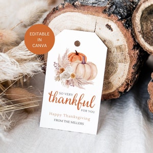 So Very Thankful for You Editable Gift Tag, Personalized Custom Fall Autumn Thanksgiving Friendsgiving Hostess Printable, Digital Download