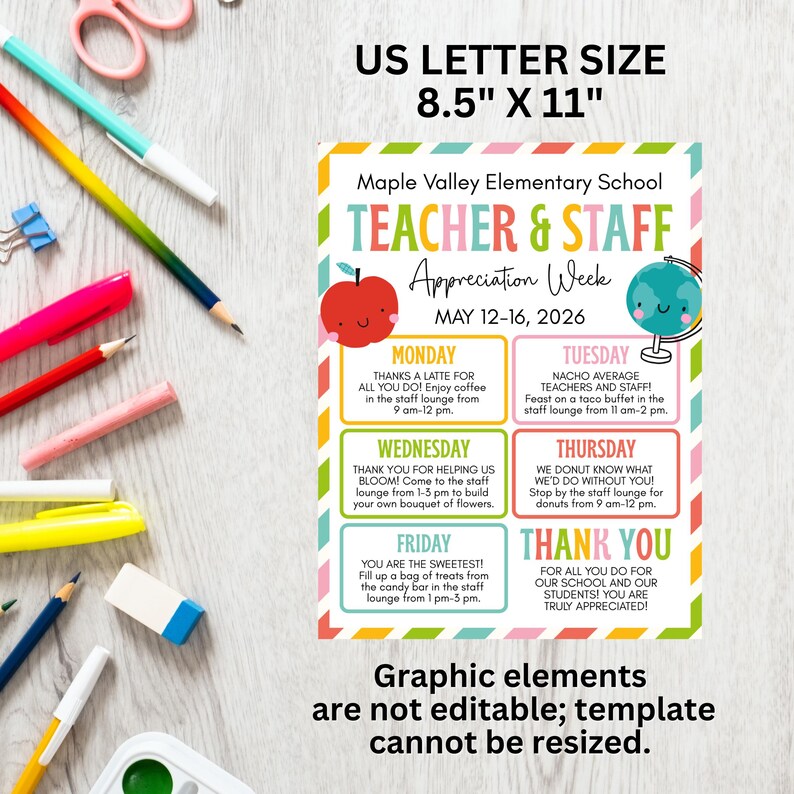 Teacher Appreciation Week Flyer Template Editable: School Staff Thank ...