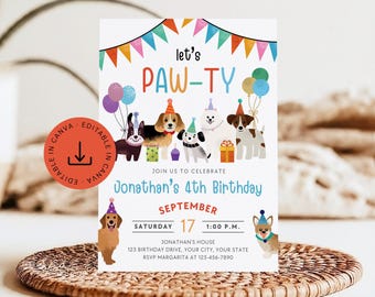 May include: A colorful birthday party invitation with a paw print theme. The invitation features a group of cartoon dogs wearing party hats and holding gifts. The text on the invitation reads "Let's Paw-Ty" and "Jonathan's 4th Birthday".