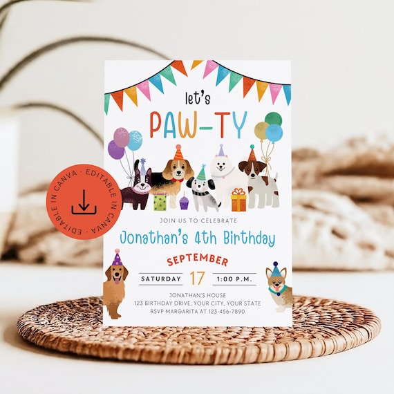 Dog Themed Birthday Invitation Editable Template, Let's Pawty Puppy Theme Invite, Kids Boy Party Printable, Instant Digital Download File