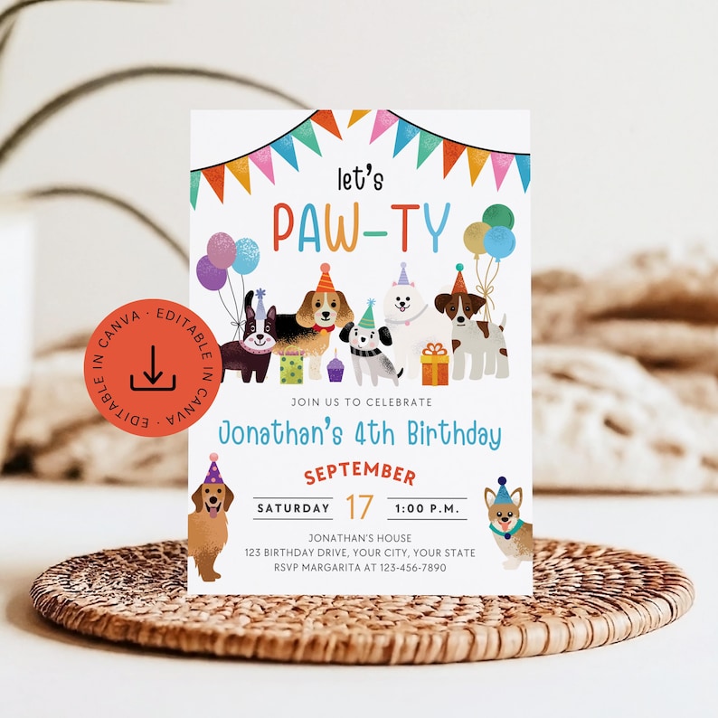 May include: A colorful birthday party invitation with a paw print theme. The invitation features a group of cartoon dogs wearing party hats and holding gifts. The text on the invitation reads "Let's Paw-Ty" and "Jonathan's 4th Birthday".