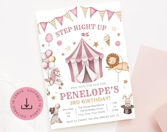 Pink Circus Invitation Editable Template, Printable Girl Circus Party Theme 1st Birthday Invite, Carnival Themed Instant Digital Download
