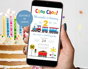Redigerbar inbjudan till 2-årsdag med tåg, mall för andra födelsedagsfest med pojketema, SMS-inbjudan, digital nedladdning