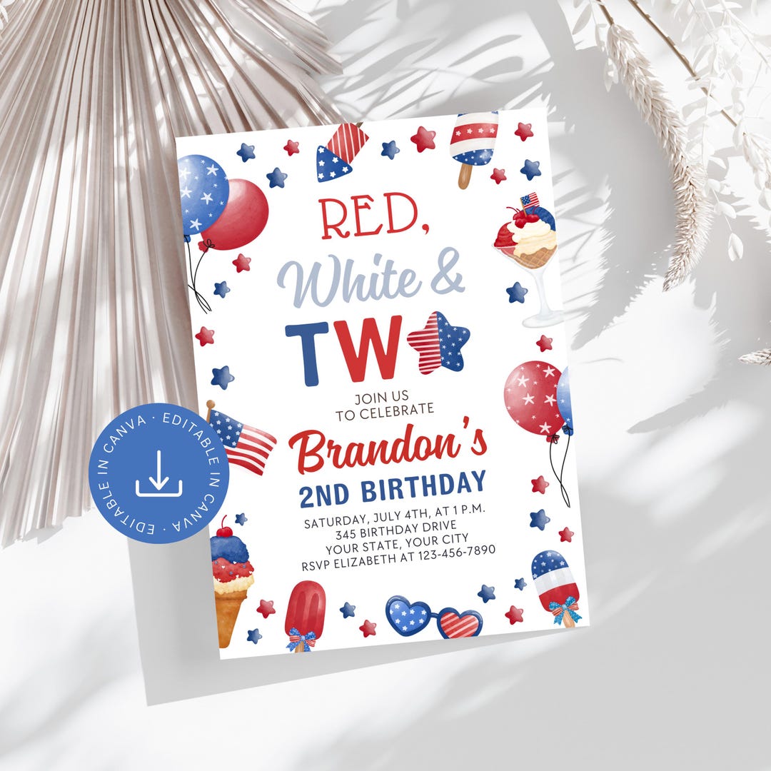 Red White and Two Invitation 2nd Birthday, Fourth of July Patriotic ...