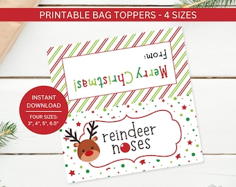 Könnte beinhalten: Druckbare Weihnachtstütenaufleger mit den Texten „Merry Christmas“ und „reindeer noses“. Die weißen Aufleger haben rote und grüne Akzente und sind in vier Größen erhältlich.