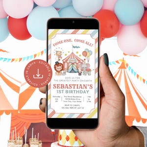 May include: A colourful invitation for a 1st birthday party with a circus theme. The invitation features a red and white striped tent with a yellow star on top. There are animals around the tent, including a lion, an elephant, and a monkey. The text on the invitation reads "Come One, Come All!" and "Sebastian's 1st Birthday".