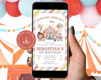 Circus Birthday Digital Invitation Editable Template E-vite, Boy Carnival Themed Party Mobile Phone Invite, SMS Text E-mail Electronic Evite