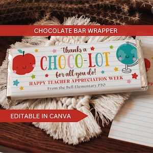 Teacher Appreciation Chocolate Bar Wrapper Editable: School Staff Printable Candy Gift (Instant Download)