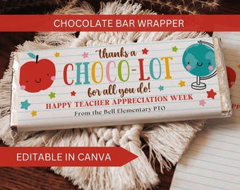 Incarto per barretta di cioccolato per insegnanti (modificabile): regalo stampabile per il personale scolastico (download immediato)