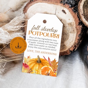 Etichetta modificabile per pot-pourri autunnali, etichetta stampabile per pot-pourri da fornello, etichetta regalo per pot-pourri autunnali fatta in casa, modello di file scaricabile digitalmente