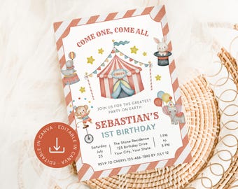 Boy Circus Birthday Invitation Editable, Printable Circus Themed 1st Birthday Invite, Carnival Theme Party, Instant Digital Download File