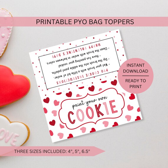PYO Cookie Bag Topper Valentine's Day Printable, Hearts Paint Your Own Kit Downloadable Instructions Label PDF Tag, Instant Digital Download