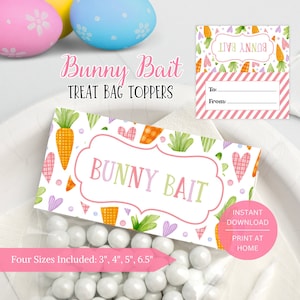 Könnte beinhalten: Druckbare Beutel-Topper mit einem Hasen-Motiv. Die Topper zeigen ein rosafarbenes und grünes "Bunny Bait"-Design mit Karotten, Herzen und Punkten. Der Text "Bunny Bait" ist in einer rosafarbenen, grünen und violetten Schriftart geschrieben. Die Topper sind in vier Größen erhältlich: 7,6 cm, 10,2 cm, 12,7 cm und 16,5 cm.