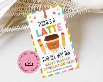 Etiqueta imprimible para café de la Semana de Agradecimiento al Maestro: Gracias por el café con leche. Etiqueta editable de agradecimiento (descarga instantánea).