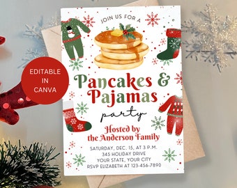 May include: A white invitation card with red and green snowflakes, a snowman in a sweater, a stack of pancakes with syrup, and a stocking. The text reads "Join us for a Pancakes & Pajamas party Hosted by the Anderson Family Saturday, Dec. 15, at 3 p.m. 345 Holiday Drive Your State, Your City RSVP Elizabeth at 123-456-7890".