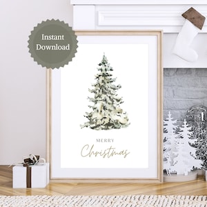 Impresión artística de pared de árbol de Navidad de 8 x 10, árbol de invierno nevado imprimible de 11 x 14, descarga digital instantánea, decoración de repisa navideña sin marco de 5 x 7