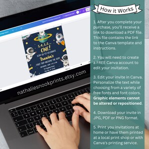 May include: A laptop computer with a Canva invitation template open on the screen. The invitation is for a boy's first birthday party with a space theme. The text on the invitation reads "5, 4, 3, 2... ONE! Join us to celebrate Brandon's First Trip Around the Sun!" The text below the invitation explains how to edit and print the invitation using Canva.