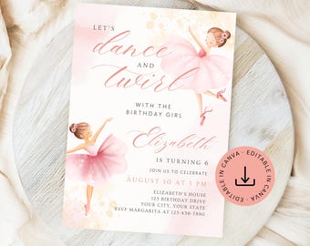 Ballerina Birthday Invitation Editable, Girl Ballet Theme Pink Invite Printable, Dance Themed Party Template, Instant Digital Download