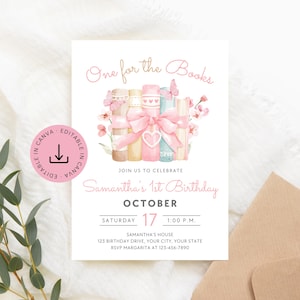 One For The Books Invite Birthday Girl Editable Template, Coquette First Chapter One Book Theme Party Invitation Printable, Instant Download