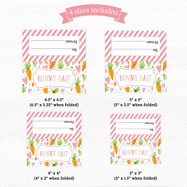Puede incluir: Cuatro etiquetas imprimibles para cebo de conejo de Pascua en diferentes tama&ntilde;os. Las etiquetas son de rayas rosa y blancas con un dise&ntilde;o de cebo de conejo que presenta zanahorias, corazones y hojas verdes. El texto "Bunny Bait" est&aacute; escrito en una pancarta blanca con ribete verde. Las etiquetas miden 16,5 cm por 16,5 cm, 12,7 cm por 12,7 cm, 10,2 cm por 10,2 cm y 7,6 cm por 7,6 cm.