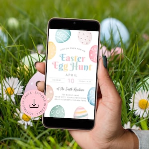 Może przedstawiać: Cyfrowe zaproszenie na polowanie na pisanki wielkanocne. Zaproszenie zawiera kolorowe tło z pastelowymi jajkami wielkanocnymi i tekstem "Hop on over for an Easter Egg Hunt" w zabawnym kroju pisma. Data i godzina wydarzenia są podane jako "Niedziela, 10 kwietnia od 13:00". Lokalizacja jest podana jako "w rezydencji Smith" wraz z adresem i informacjami RSVP.