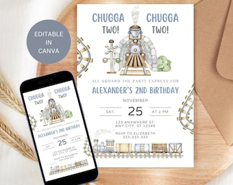 Chugga Chugga Two Two Invite Editable, Train 2nd Birthday Invitation Printable, Boy Train Theme Second Party Template, Digital Evite