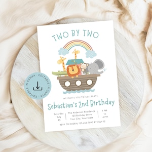 Noahs Ark Birthday Invitation Editable Template, Noah&#39;s Ark Printable Boy Bible Theme Second Birthday Party Invite, Instant Digital Download