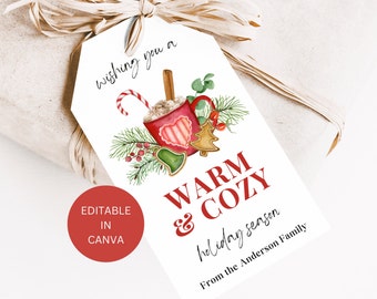 Warm and Cozy Christmas Tag Printable, Editable Hot Chocolate Holiday Gift Tag, Christmas Cocoa Holiday Label, Instant Download Template