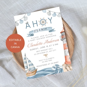Ahoy Its a Boy Baby Shower Invitation Editable, Ahoy It&#39;s a Boy Sea Themed Invite Printable Template, Sailboat Lighthouse Digital Download