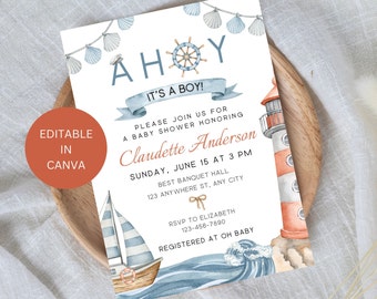 May include: Ahoy It's a Boy! Nautical themed baby shower invitation with a lighthouse, sailboat, and seashells. The invitation is for Claudette Anderson and is set for Sunday, June 15 at 3 PM at the Best Banquet Hall, 123 Anywhere St, Any City. RSVP to Elizabeth at 123-456-7890. Registered at Oh Baby.
