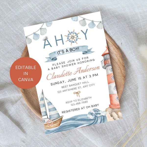 Ahoy Its a Boy Baby Shower Invitation Editable, Ahoy It's a Boy Sea Themed Invite Printable Template, Sailboat Lighthouse Digital Download