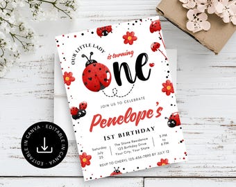Lady Bug First Birthday Party Editable Printable Invitation, LadyBug Girl 1st Birthday Spring Red Black Theme, Instant Digital Download File
