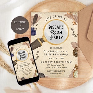 Invito di compleanno per Escape Room, invito per Escape Room per bambini, festa per adolescenti, modificabile, modello di download digitale istantaneo stampabile