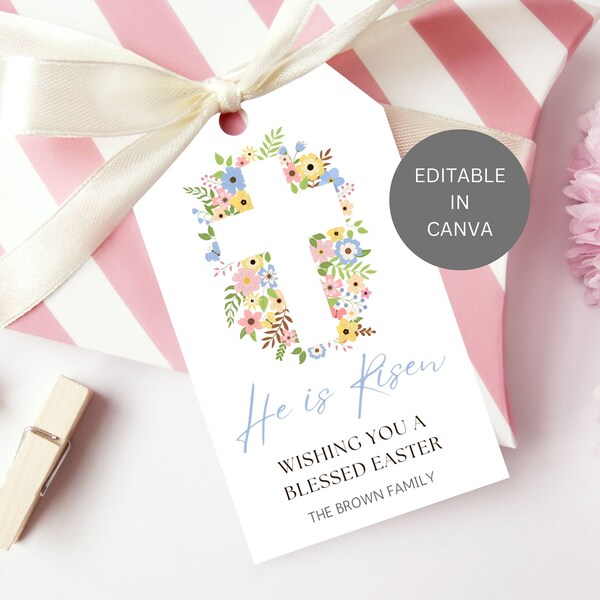 He is Risen Easter Gift Tag Printable, Editable Jesus Religious Cookie Tag, Happy Easter Floral Cross Tag Digital Download Template