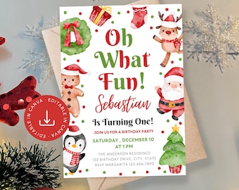 May include: A Christmas-themed birthday party invitation. The invitation features the text "Oh What Fun!" and "Sebastian Is Turning One!" along with illustrations of Santa, a reindeer, and a gingerbread man. The invitation is decorated with Christmas elements.
