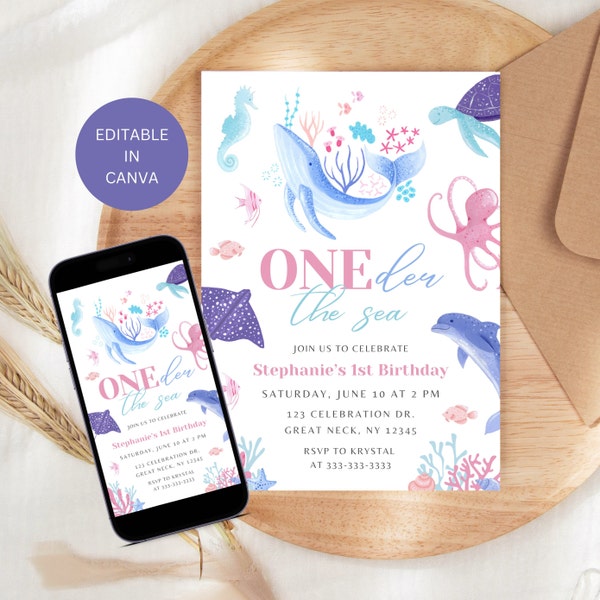 Oneder the Sea Invite Editable, Under Ocean Theme Girl First Birthday Party, Invitation Printable, Instant Digital Download Template