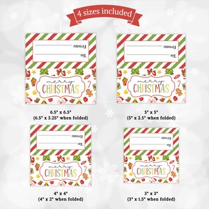 May include: Four printable gift tags with a Christmas theme. The tags feature a red and green striped design with the words "Merry Christmas" in a festive font. The tags are available in four sizes: 6.5 inches by 6.5 inches, 5 inches by 5 inches, 4 inches by 4 inches, and 3 inches by 3 inches.
