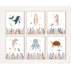 Boho Ocean Nursery, Sea Life Nursery Art, Sea Themed Nursery Decor, Girl Under the Sea Nursery, Ocean Animals Nursery Prints
