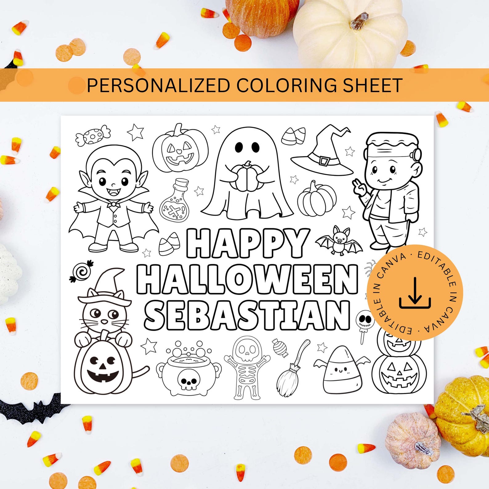 Personalized Halloween coloring placemat preview with a name among ghosts, pumpkins and characters.