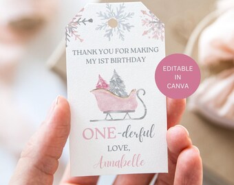 Winter Onederland Birthday Girl Party Favor Thank You Tag, Editable Pink Snowflake First Birthday Template Digital Download Printable