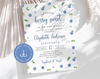 Blueberry Baby Shower Invitation Editable Template, Boy Berry Sweet Summer Baby Sprinkle Brunch Printable Invite, Instant Digital Download