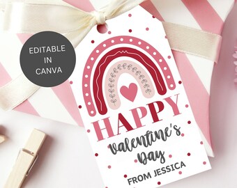 Regenbogen Valentinstag druckbare Geschenkanhänger bearbeitbar, Kinder Schulklasse Happy Valentine's Day Cookie Label, Treat Bag Tag digitaler Download Vorlage