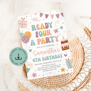 Op de afbeelding: Een rechthoekige verjaardagsuitnodigingskaart met de tekst READY FOUR A PARTY, Samantha's 4th BIRTHDAY en evenementdetails. Het ontwerp bevat kleurrijke illustraties van ballonnen, een taart met twee lagen, cadeautjes, vlinders en vlaggetjes.