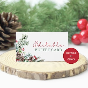 Cartão de buffet de Natal editável, modelo de cartão de tenda para impressão de rótulo de comida para festa de fim de ano, cartão de lugar de mesa para download digital instantâneo