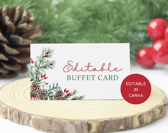 Christmas Buffet Card Editable, Holiday Party Food Label Printable Tented Card Template, Table Place Card Instant Digital Download