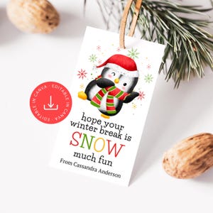 Etiqueta editable para las vacaciones de invierno: Etiqueta de guardería para maestros y estudiantes con diseño de pingüino navideño (descarga digital)